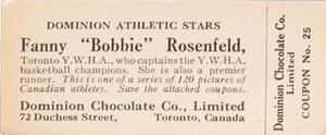 1924-25 Dominion Chocolate Athletic Stars (V31) #25 Fanny Rosenfeld Back