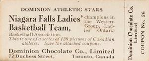 1924-25 Dominion Chocolate Athletic Stars (V31) #26 Niagara Falls Ladies' Basketball Team Back