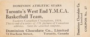 1924-25 Dominion Chocolate Athletic Stars (V31) #27 Toronto Basketball Champs Back