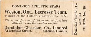 1924-25 Dominion Chocolate Athletic Stars (V31) #30 Weston Lacrosse Team Back