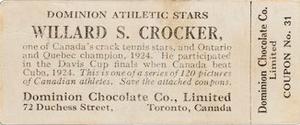 1924-25 Dominion Chocolate Athletic Stars (V31) #31 Willard Crocker Back