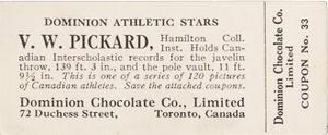 1924-25 Dominion Chocolate Athletic Stars (V31) #33 V.W. Pickard Back