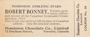 1924-25 Dominion Chocolate Athletic Stars (V31) #34 Robert Bonney Back