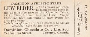 1924-25 Dominion Chocolate Athletic Stars (V31) #38 Lew Elder Back