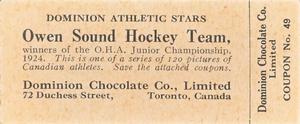 1924-25 Dominion Chocolate Athletic Stars (V31) #49 Owen Sound O.H.A. Juniors Back