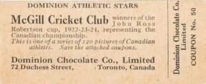 1924-25 Dominion Chocolate Athletic Stars (V31) #50 McGill Cricket Club Back