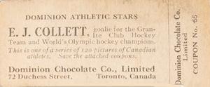 1924-25 Dominion Chocolate Athletic Stars (V31) #55 E.J. Collett Back