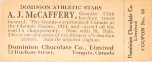 1924-25 Dominion Chocolate Athletic Stars (V31) #60 A.J. McCaffery Back