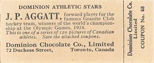 1924-25 Dominion Chocolate Athletic Stars (V31) #68 J.P. Aggatt Back