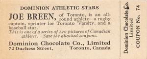 1924-25 Dominion Chocolate Athletic Stars (V31) #74 Joe Breen Back