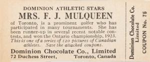 1924-25 Dominion Chocolate Athletic Stars (V31) #75 Mrs. F.J. Mulqueen Back
