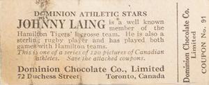 1924-25 Dominion Chocolate Athletic Stars (V31) #91 Johnny Laing Back