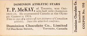 1924-25 Dominion Chocolate Athletic Stars (V31) #110 T.P. McKay Back