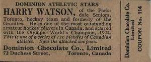 1924-25 Dominion Chocolate Athletic Stars (V31) #114 Harry Watson Back