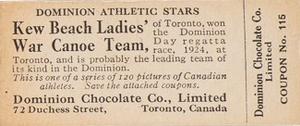 1924-25 Dominion Chocolate Athletic Stars (V31) #115 Kew Beach Ladies' War Canoe Team Back