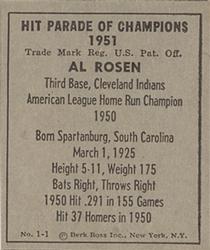 1951 Berk Ross #1-1 Al Rosen Back