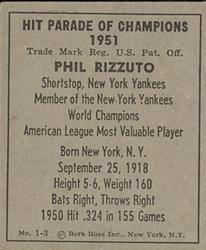 1951 Berk Ross #1-3 Phil Rizzuto Back