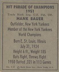 1951 Berk Ross #1-4 Hank Bauer Back