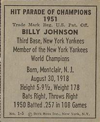 1951 Berk Ross #1-5 Billy Johnson Back