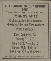 1951 Berk Ross #1-7 Johnny Mize Back