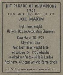 1951 Berk Ross #2-12 Joey Maxim Back