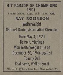 1951 Berk Ross #2-13 Ray Robinson Back