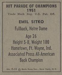 1951 Berk Ross #2-15 Emil Sitko Back