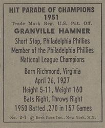 1951 Berk Ross #2-7 Granville Hamner Back