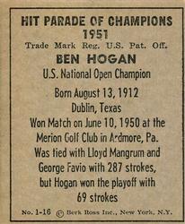 1951 Berk Ross #1-16 Ben Hogan Back