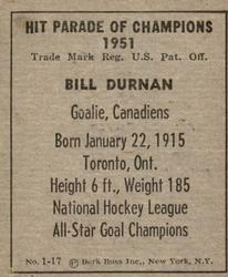 1951 Berk Ross #1-17 Bill Durnan Back