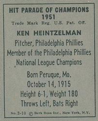 1951 Berk Ross #3-10 Ken Heintzelman Back