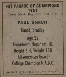 1951 Berk Ross #3-11 Paul Unruh Back
