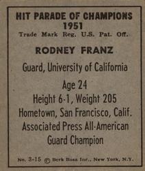 1951 Berk Ross #3-15 Rodney Franz Back
