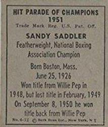 1951 Berk Ross #4-12 Sandy Saddler Back
