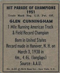 1951 Berk Ross #4-16 Glenn Cunningham Back