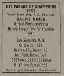 1951 Berk Ross #3-1 Ralph Kiner Back