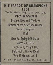 1951 Berk Ross #3-4 Vic Raschi Back