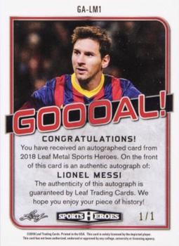 2018 Leaf Metal Sports Heroes - Goooal! Autograph Blue #GA-LM1 Lionel Messi Back