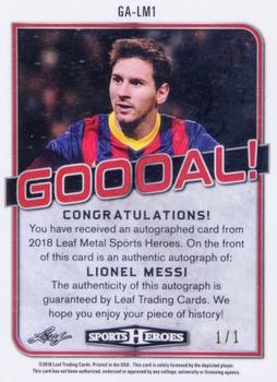 2018 Leaf Metal Sports Heroes - Goooal! Autograph Gold Black Etch Wave #GA-LM1 Lionel Messi Back
