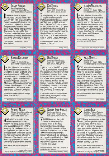 1993 Sports Illustrated for Kids - Original 9-Card Sheets #109-117 Drazen Petrovic / Ewa Mataya / MaliVai Washington / Hassiba Boulmerka / Dan Marino / Nigel Mansell / Anthony Munoz / Kristen Babb-Sprague / Jaromir Jagr Back