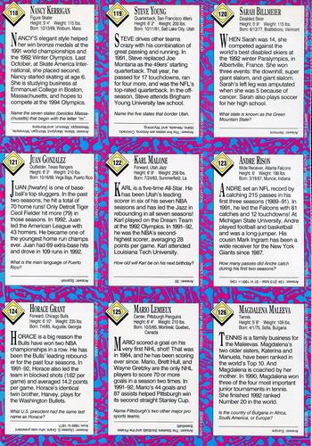 1993 Sports Illustrated for Kids - Original 9-Card Sheets #118-126 Nancy Kerrigan / Steve Young / Sarah Billmeier / Juan Gonzalez / Karl Malone / Andre Rison / Horace Grant / Mario Lemieux / Magdalena Maleeva Back