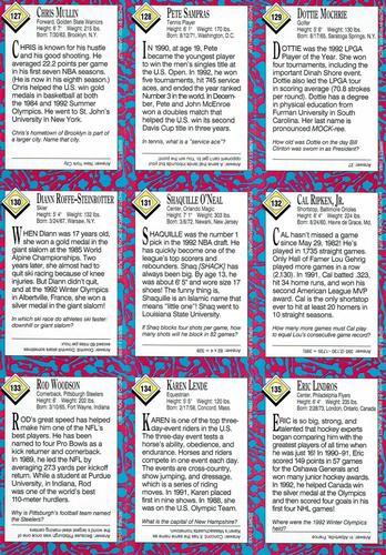 1993 Sports Illustrated for Kids - Original 9-Card Sheets #127-135 Chris Mullin / Pete Sampras / Dottie Mochrie / Diann Roffe-Steinrotter / Shaquille O'Neal / Cal Ripken, Jr. / Rod Woodson / Karen Lende / Eric Lindros Back