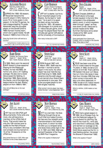 1993 Sports Illustrated for Kids - Original 9-Card Sheets #154-162 Alexander Mogilny / Cliff Robinson / Dana Chladek / Barry Bonds / Steffi Graf / Steve Scott / Amy Alcott / Mat Hoffman / Greg Maddux Back
