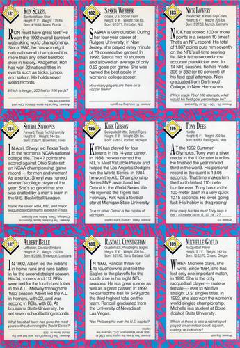 1993 Sports Illustrated for Kids - Original 9-Card Sheets #181-189 Ron Scarpa / Saskia Webber / Nick Lowery / Sheryl Swoopes / Kirk Gibson / Tony Dees / Albert Belle / Randall Cunningham / Michelle Gould Back
