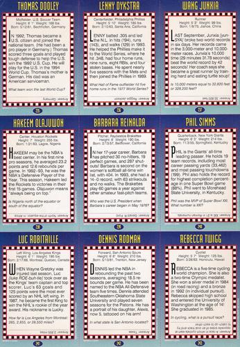 1994 Sports Illustrated for Kids - Original 9-Card Sheets #235-243 Thomas Dooley / Lenny Dykstra / Wang Junxia / Hakeem Olajuwon / Barbara Reinalda / Phil Simms / Luc Robitaille / Dennis Rodman / Rebecca Twigg Back