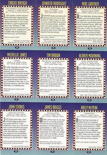1994 Sports Illustrated for Kids - Original 9-Card Sheets #244-252 Carlos Baerga / Jennifer Rodriguez / Mike Gartner / Michellie Jones / Tim Brown / Alonzo Mourning / John Starks / James Briggs / Holly McPeak Back