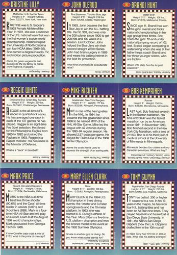 1994 Sports Illustrated for Kids - Original 9-Card Sheets #280-288 Kristine Lilly / John Olerud / Brandi Hunt / Reggie White / Mike Richter / Bob Kempainen / Mark Price / Mary Ellen Clark / Tony Gwynn Back