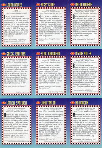 1994 Sports Illustrated for Kids - Original 9-Card Sheets #289-297 Laura Davies / Missy Glove / Drew Bledsoe / Gregg Jefferies / Sergei Bruguera / Blythe Miller / Latrell Sprewell / John Taylor / Mo Vaughn Back