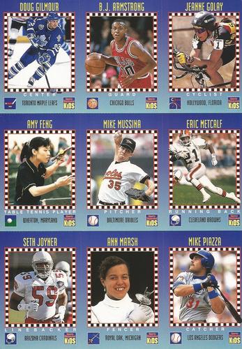 1994 Sports Illustrated for Kids - Original 9-Card Sheets #307-315 Jeanne Golay / B.J. Armstrong / Doug Gilmour / Eric Metcalf / Mike Mussina / Amy Feng / Mike Piazza / Ann Marsh / Seth Joyner Front