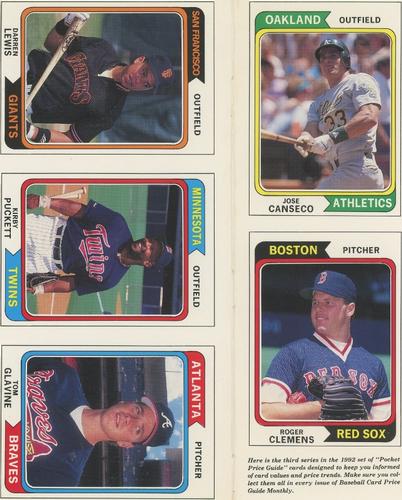 1992 SCD Sports Card Price Guide Monthly - Full Sheets #11-15 Jose Canseco / Roger Clemens / Darren Lewis / Kirby Puckett / Tom Glavine Front